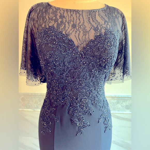 New XSCAPE Lace Embellished Corset Flatter Mermaid Navy Gown Sz 6/8 - Picture 4 of 13